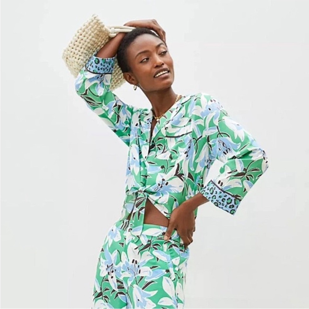 Anthropologie Maeve Matching Set Shirt Pants Floral Animal Print Green Blue - Picture 2 of 12